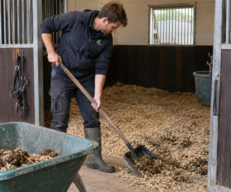 A man shovelling droppings and wood shavings from a stable floor into a wheelbarrow